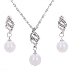 Simple Pearl Diamond Hemp Flowers Chain Earrings Necklace Jewelry Set - FASHIONKULTUR