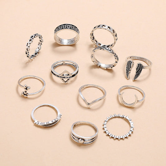 Retro Wings Triangle Moon Geometry Twelve Piece Set Ring - FASHIONKULTUR