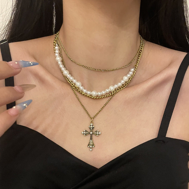 Fashion Personalized Multi-Layered Pearl Cross Pendant Necklace Clavicle Chain For Women Temperament Jewelry Accessories Gifts - FASHIONKULTUR