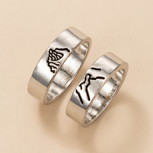 Cartoon Love Pair Ring Set With Geometric Letters