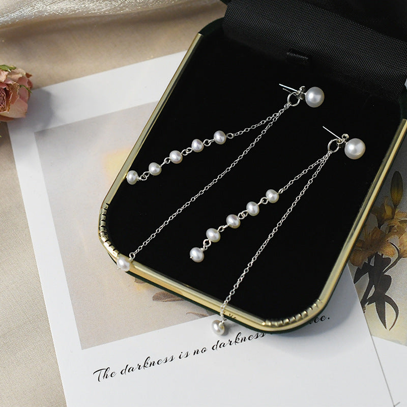 Freshwater Pearl Tassel Long Earrings Real 925 Sterling Silver Jewelry - FASHIONKULTUR