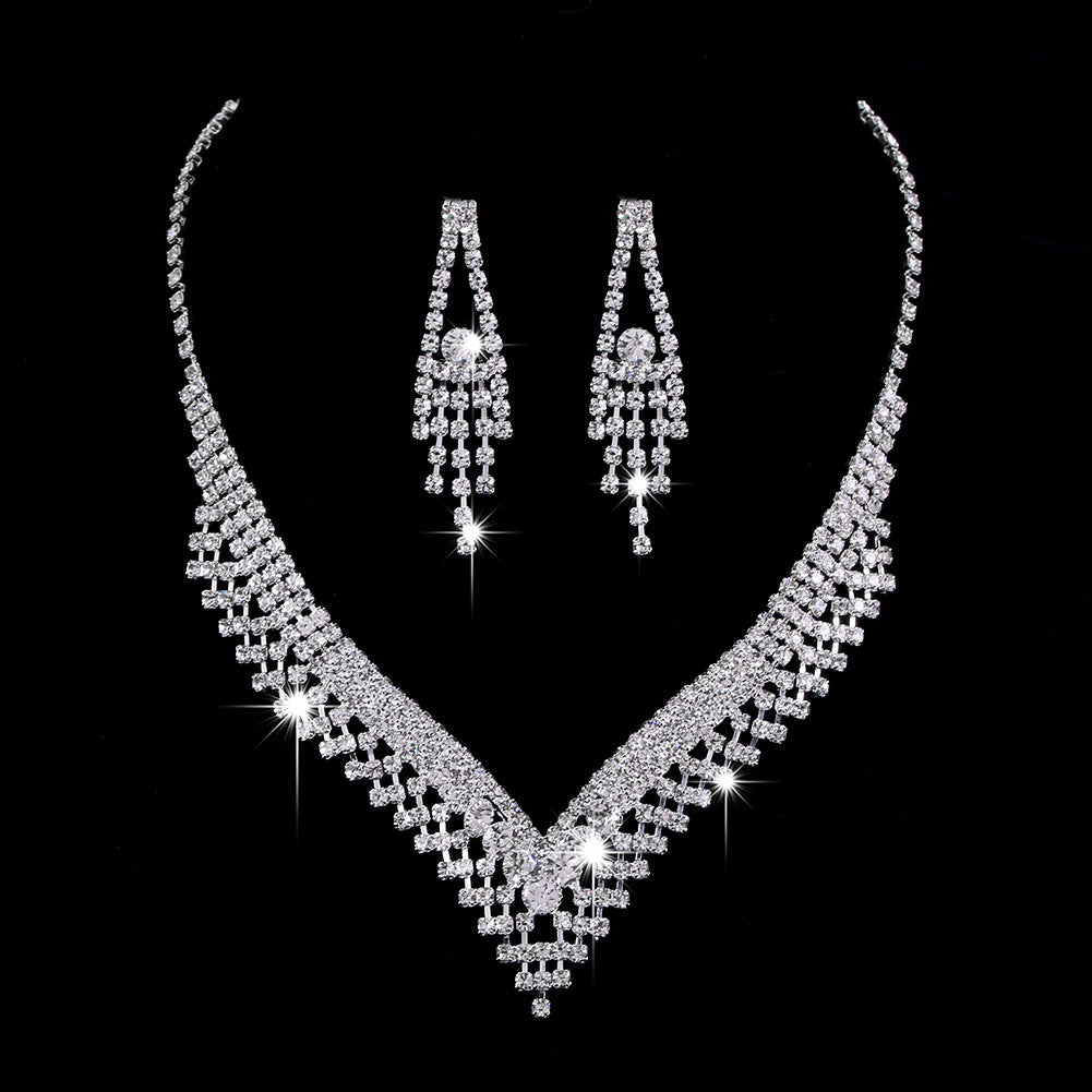 Full Rhinestone Zircon Water Drop Necklace Earrings Jewelry Set - FASHIONKULTUR