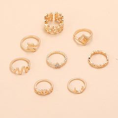 ECG Hollow Heart Star Moon Boat Anchor Square 8-piece Ring Set