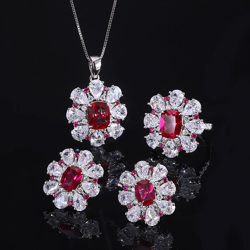 S925 Silver Jewelry Set Imitated Pigeon Blood Red Treasure Flower-shaped Ring Earring Pendant Three-piece Set - FASHIONKULTUR