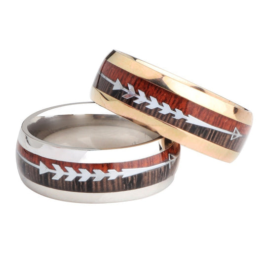 Stainless Steel Wood Grain Arrow Inlaid Ring - FASHIONKULTUR