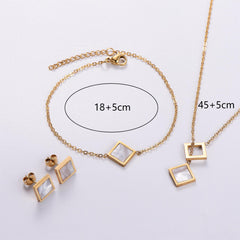 Stainless Steel Niche Temperament Lucky 18K Square Ear Studs Bracelet Necklace - FASHIONKULTUR