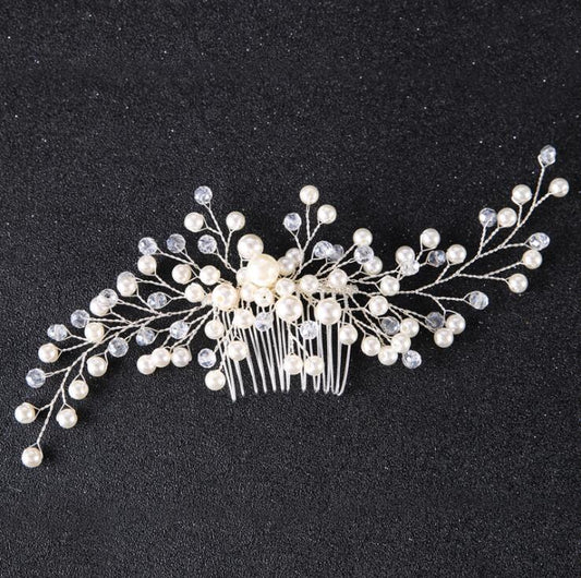 Pearl White Crystal Banquet Headdress Comb - FASHIONKULTUR