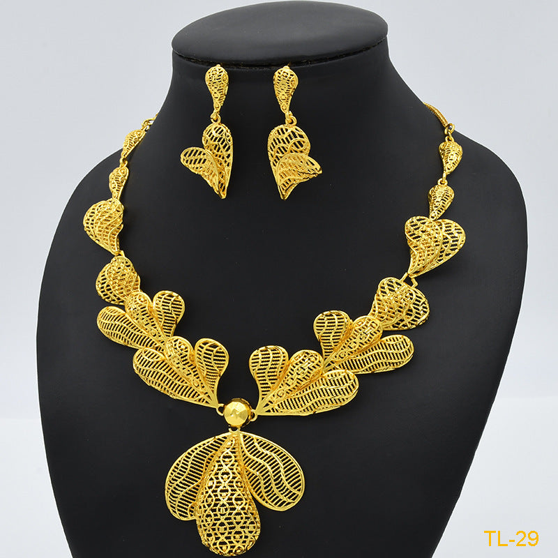 Gold Flower Necklace And Earrings Suite Brass Gold Plated Wedding Jewelry Batch - FASHIONKULTUR