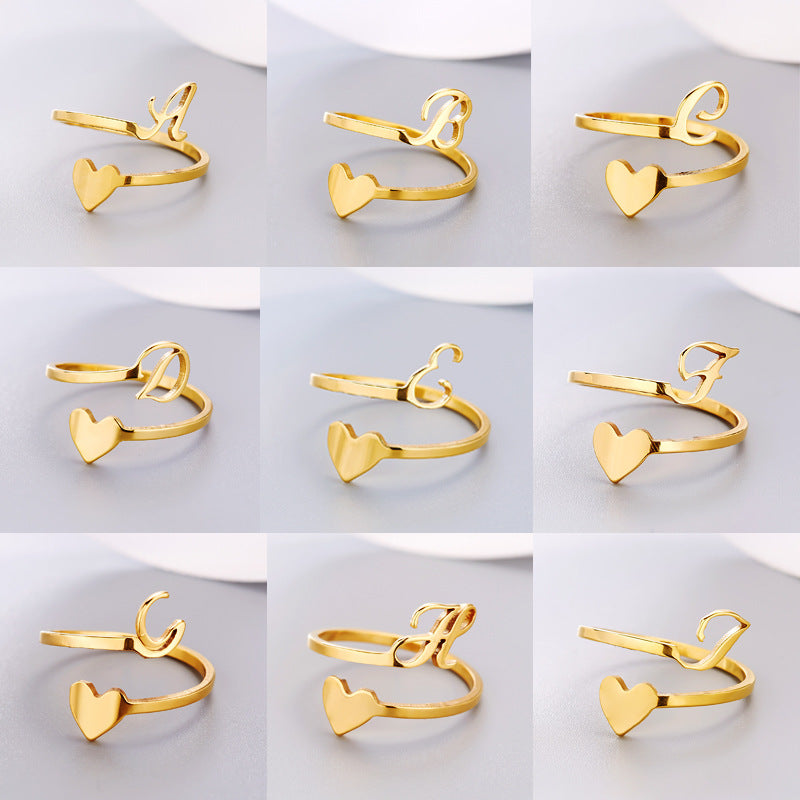 Simple Letter Three-dimensional Loving Heart With Opening Adjustable Ring - FASHIONKULTUR