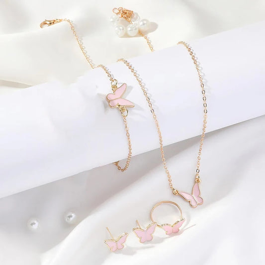 5PCS Fashion Butterfly Pendants Necklace Earrings Ring Bracelet Sets For Women Jewelry Set Bridal Wedding Jewelry Gift