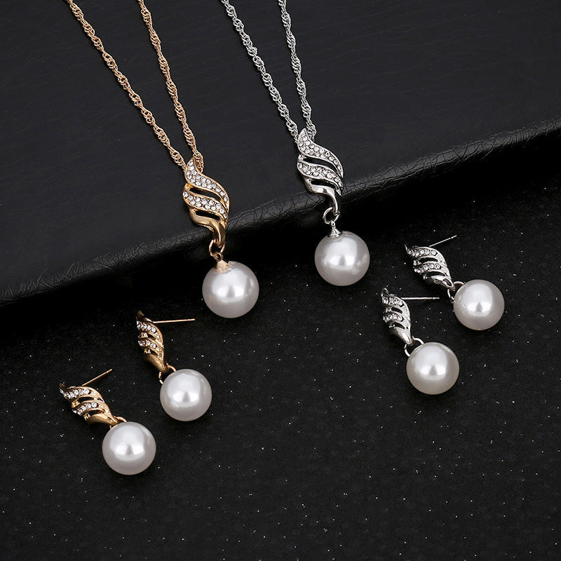 Simple Pearl Diamond Hemp Flowers Chain Earrings Necklace Jewelry Set - FASHIONKULTUR