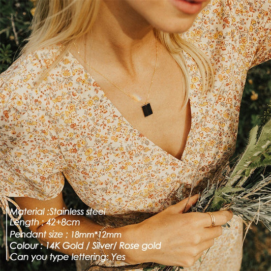 Square Stainless Steel Lettering Botanical Flower Name Necklace - FASHIONKULTUR