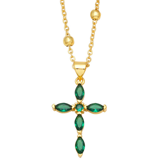 Women's Fashion Green Diamond Love Cross Necklace