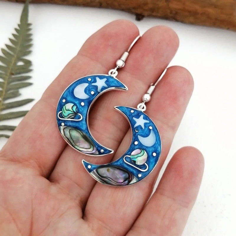 Female Retro Crescent Blue Sky Planet Earrings - FASHIONKULTUR