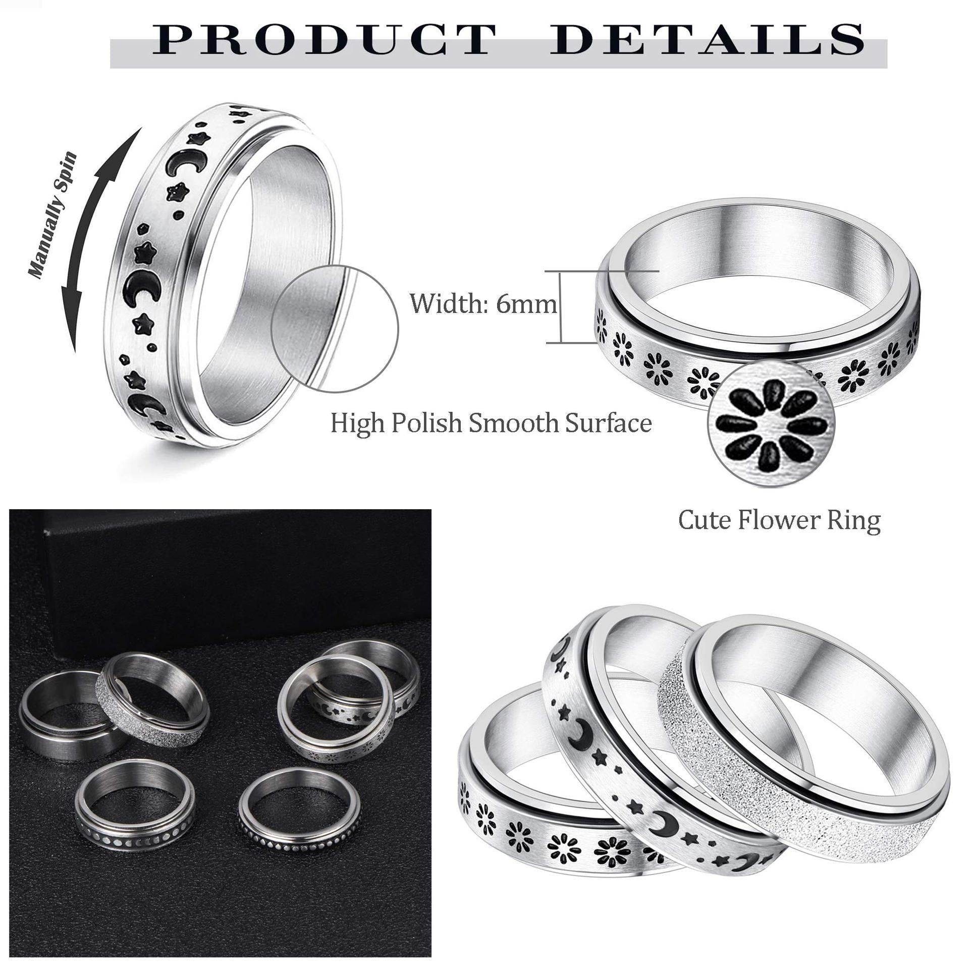 Stainless Steel Rotatable Spinner Ring Moon Stars Relieve Anxiety Rings - FASHIONKULTUR