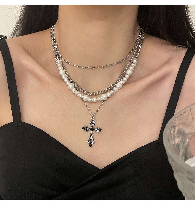 Fashion Personalized Multi-Layered Pearl Cross Pendant Necklace Clavicle Chain For Women Temperament Jewelry Accessories Gifts - FASHIONKULTUR