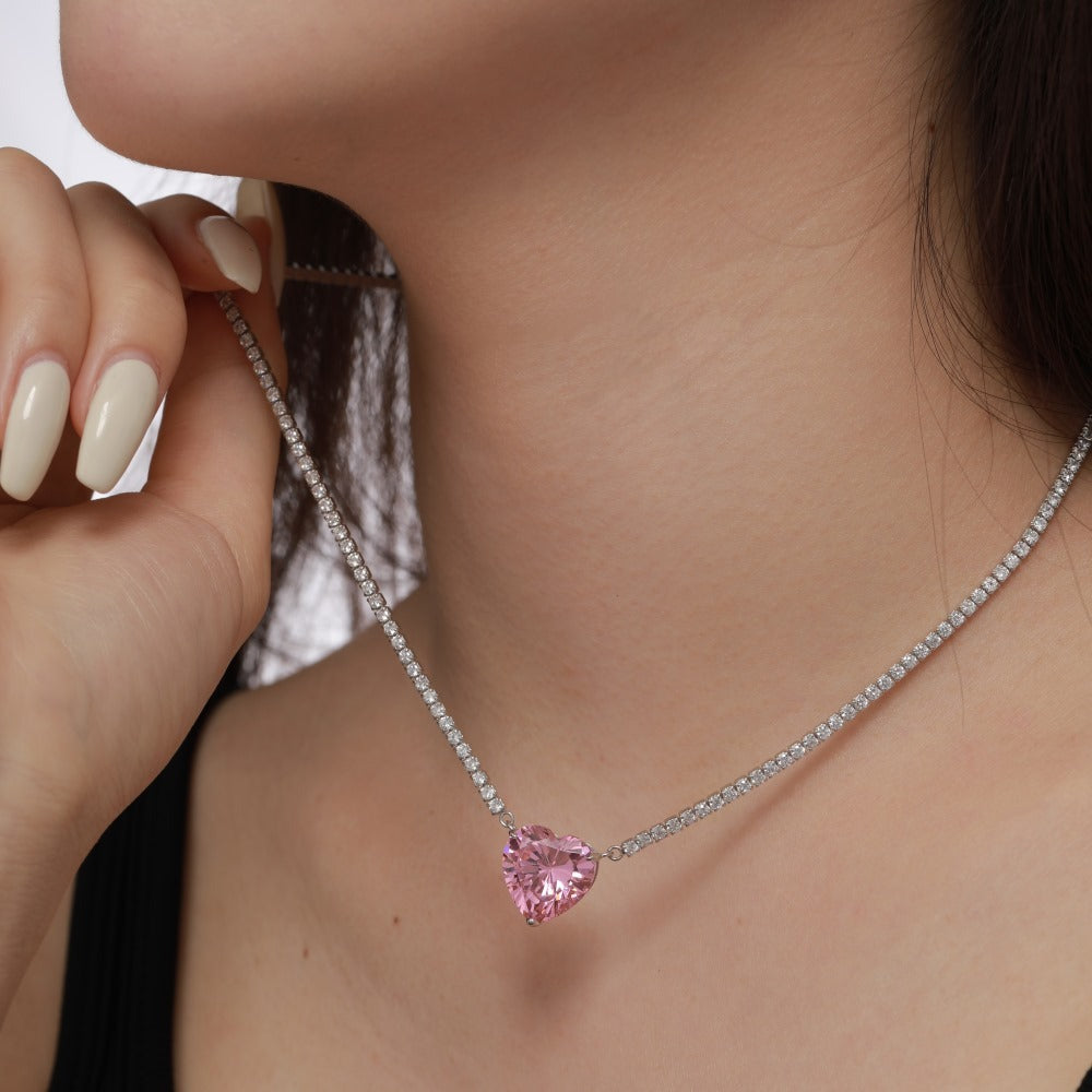 Women's Fashion Sterling Silver Peach Heart Pendant Necklace With Diamonds - FASHIONKULTUR