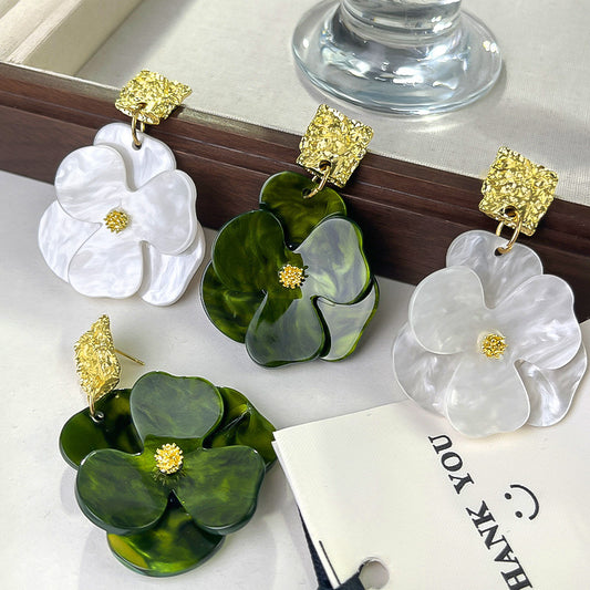 Silver Needle Acrylic Green Flower Stud Earrings - FASHIONKULTUR