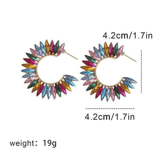 Colorful Glass Pointed Diamond C-shaped Large Earrings With Female Design Sense, Open Circular Alloy Diamond Inlaid Fashionable Earrings