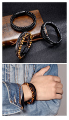 Stainless Steel Natural Tiger Eye Stone Bracelet With Beads For Men - FASHIONKULTUR