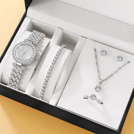 5pcsset Diamond Bracelet Necklace Stud Ring Watch Jewelry Set - FASHIONKULTUR