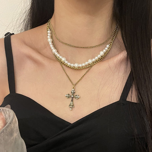 Fashion Personalized Multi-Layered Pearl Cross Pendant Necklace Clavicle Chain For Women Temperament Jewelry Accessories Gifts - FASHIONKULTUR