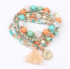 Bohemian head coin mixed color rice beads multi-layer bracelet tassel multi-layer elastic bracelet