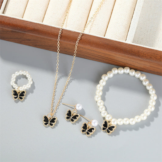 Pearl Ornament Butterfly Necklace For Women Bracelet Ring Earrings Suit - FASHIONKULTUR