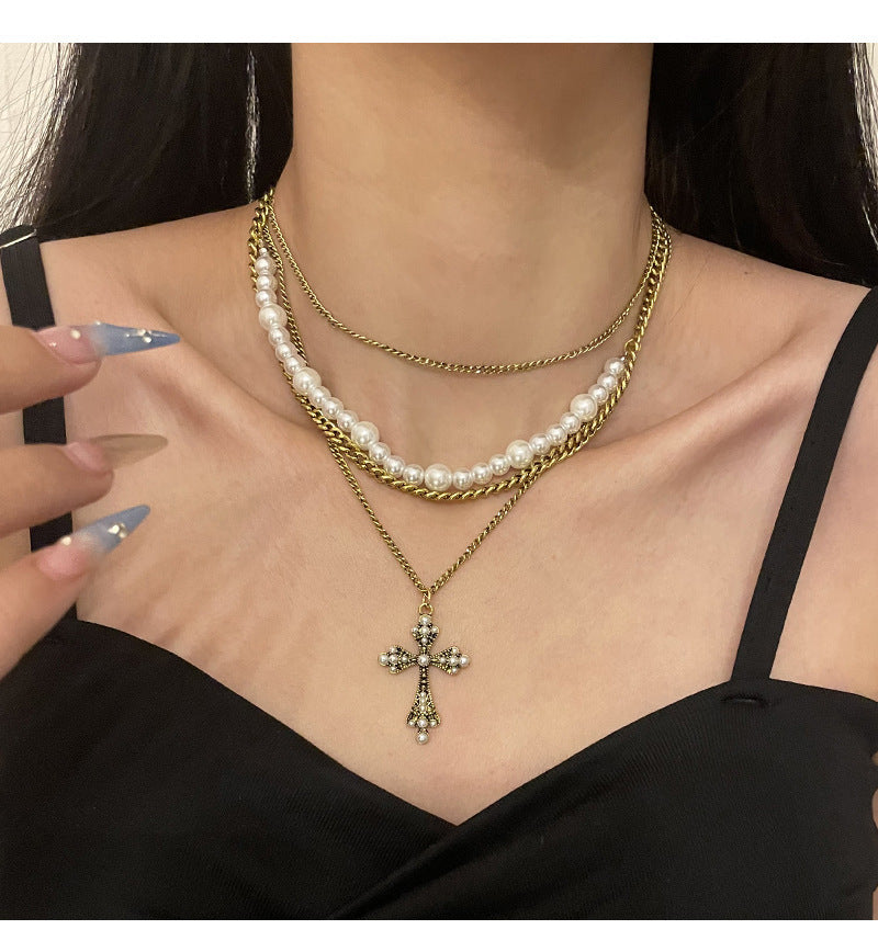 Fashion Personalized Multi-Layered Pearl Cross Pendant Necklace Clavicle Chain For Women Temperament Jewelry Accessories Gifts - FASHIONKULTUR