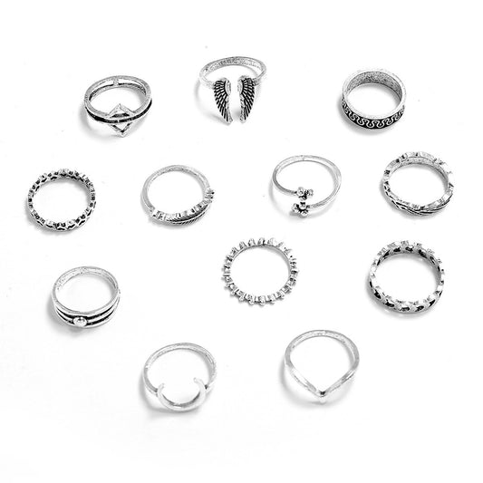 Retro Wings Triangle Moon Geometry Twelve Piece Set Ring - FASHIONKULTUR