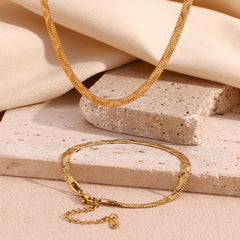 Stainless Steel Plated 18K Gold Wavy Embossed Fishbone Chain Bracelet