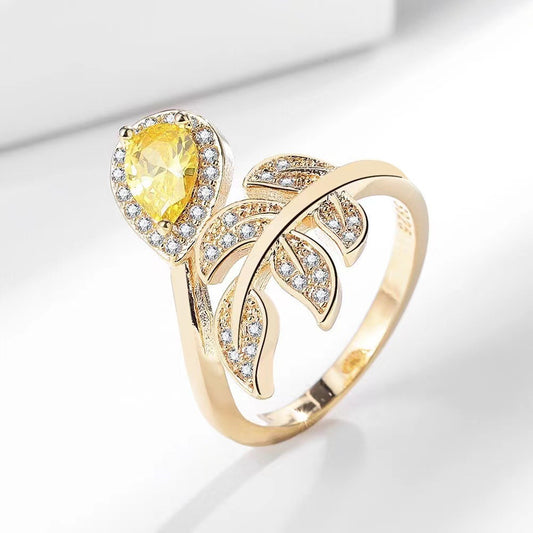 High-grade Zircon Ring Ins Fashion Shining Leaves Gang Drill - FASHIONKULTUR