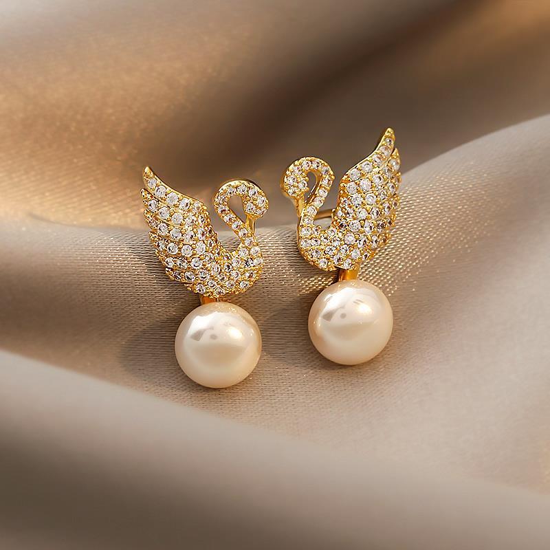 Sterling Silver Needle Korean Swan Zircon Pearl Stud Earrings - FASHIONKULTUR