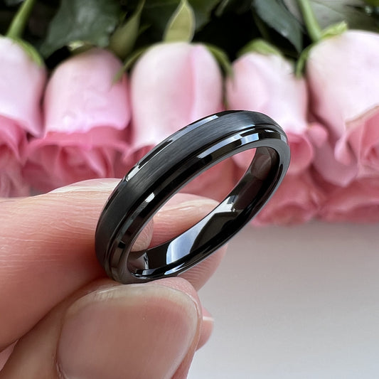 Tungsten Steel Black Plated Chamfered Step Sand Ring - FASHIONKULTUR