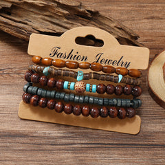 Turquoise Wooden Bead Coconut Shell Five-piece Bracelet Handmade