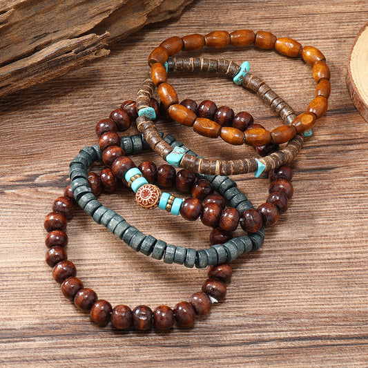 Turquoise Wooden Bead Coconut Shell Five-piece Bracelet Handmade