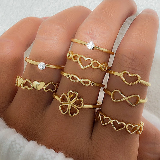 Gold Color Heart Rings 9pcs Sets For Women Vintage Hollow Irregular Geometric Butterfly Finger Rings Fashion Jewelry Accessories Gif - FASHIONKULTUR