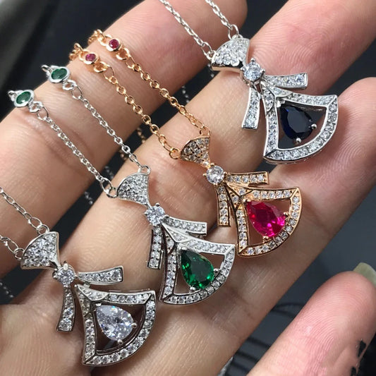 Fashionable All-match Pear-shaped Red And Blue Emerald Full Diamond Clavicle Chain - FASHIONKULTUR