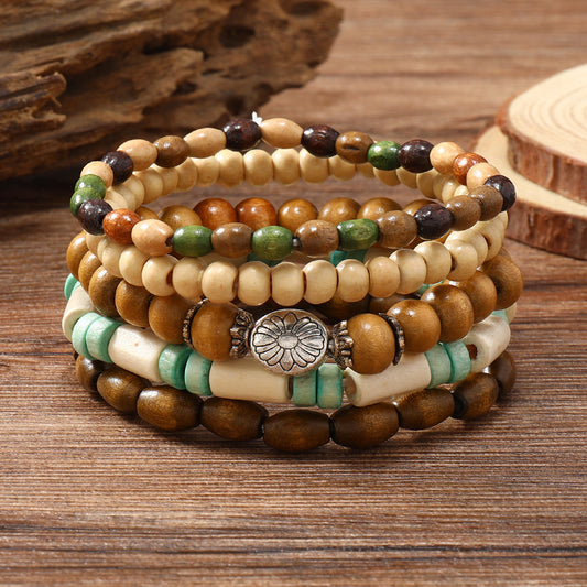 Colorful Wooden Bead Small Flower Filament Five-piece Bracelet