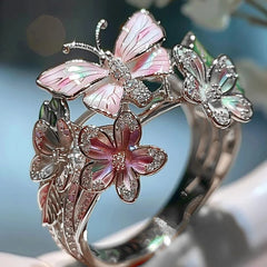 Adjustable Elegant Transparent Crystal 3D Shining Diamond Drop Oil Butterfly Flower Ring