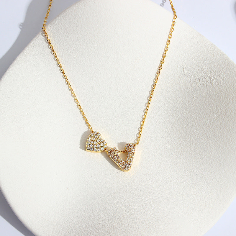 Fashion Jewelry Copper Plated Real Gold Micro Inlaid Heart Letter Necklace - FASHIONKULTUR