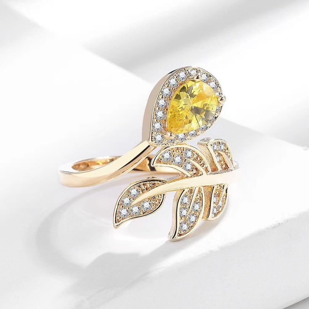 High-grade Zircon Ring Ins Fashion Shining Leaves Gang Drill - FASHIONKULTUR