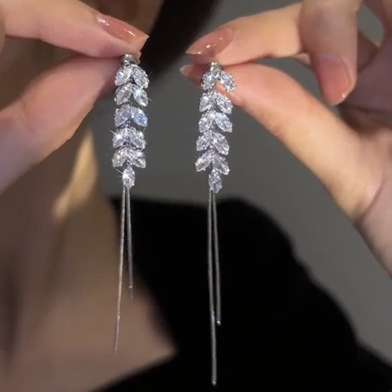 Full Rhinestone Zircon Leaves Tassel Hanging Earrings Long Earrings