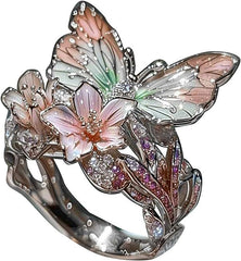 Adjustable Elegant Transparent Crystal 3D Shining Diamond Drop Oil Butterfly Flower Ring