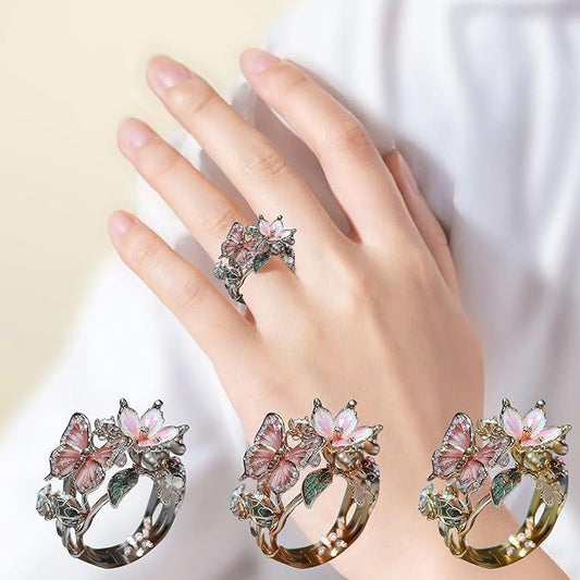 Adjustable Elegant Transparent Crystal 3D Shining Diamond Drop Oil Butterfly Flower Ring