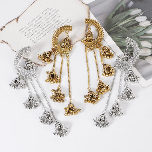 Niche Design Stud Earrings Ornament Vintage Ethnic Style Hollow Bell Pendant - FASHIONKULTUR