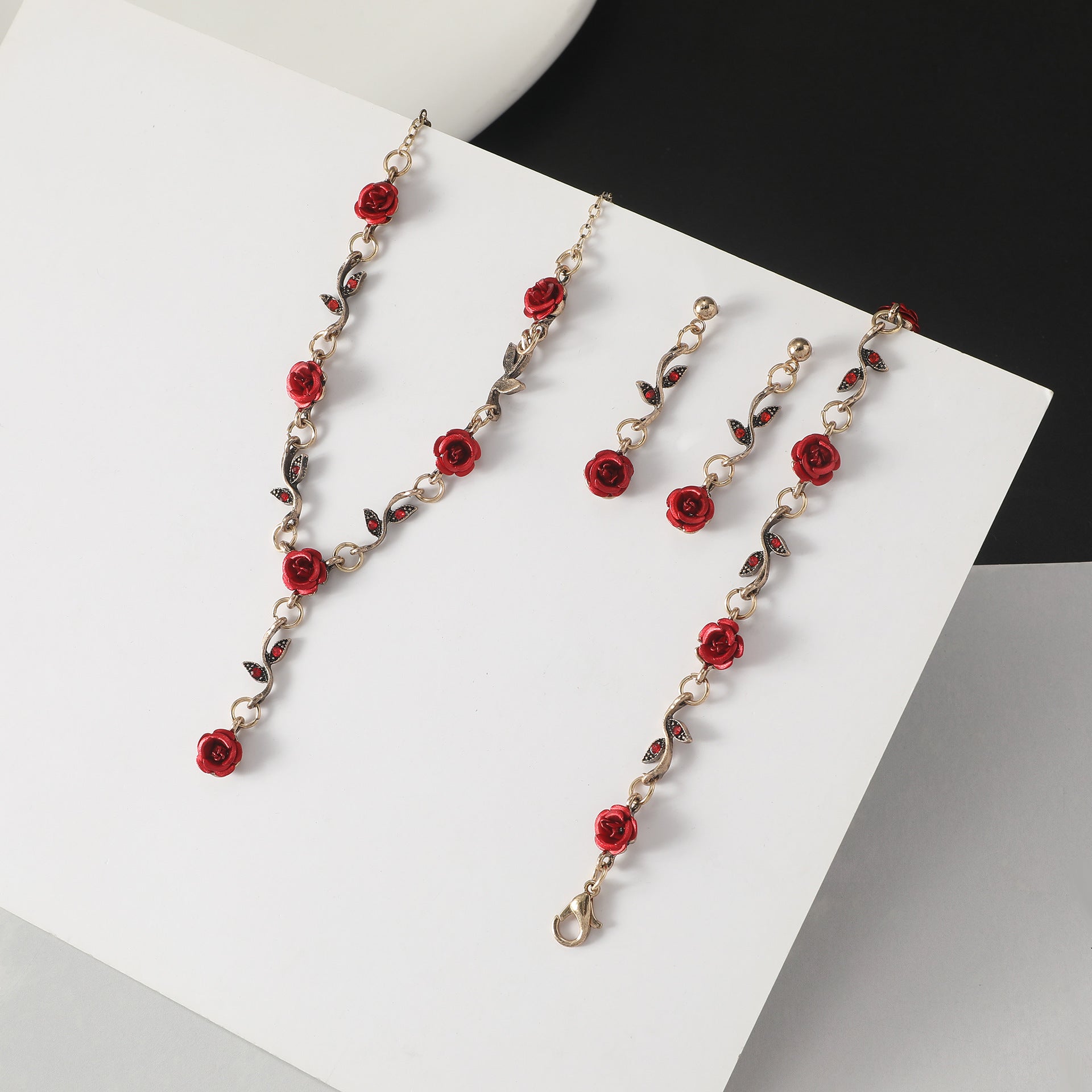 Vintage Rose Bracelet Necklace Three-piece Earrings Set - FASHIONKULTUR