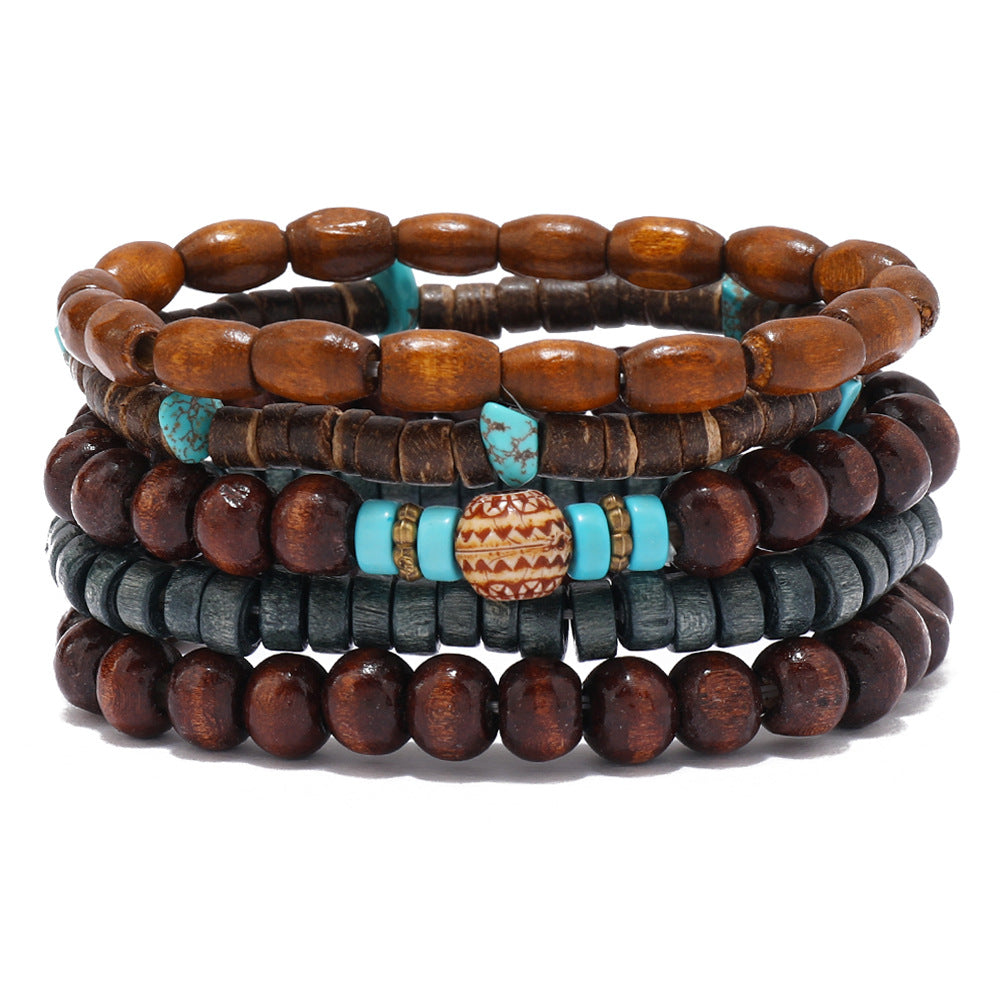 Turquoise Wooden Bead Coconut Shell Five-piece Bracelet Handmade