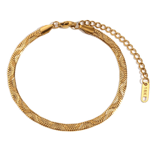 Stainless Steel Plated 18K Gold Wavy Embossed Fishbone Chain Bracelet - FASHIONKULTUR