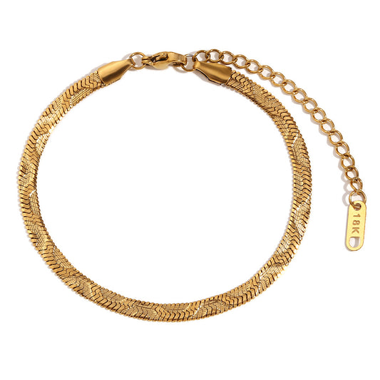 Stainless Steel Plated 18K Gold Wavy Embossed Fishbone Chain Bracelet